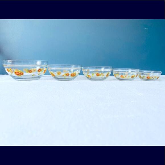 Set 5 Vintage Imperial Glass Sunflower Flower Dute Nesting Bowls, Daisy, Yellow - Picture 2 of 10
